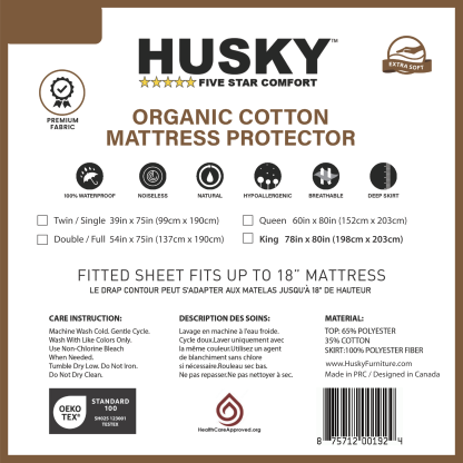 Husky Premium Terry Cotton Waterproof Fitted Mattress Protector – Hypoallergenic and Washable BACK LABEL