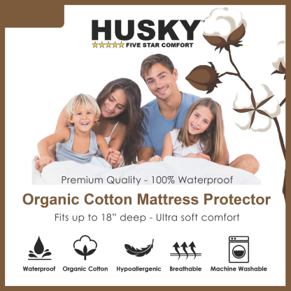 Husky Premium Terry Cotton Waterproof Fitted Mattress Protector – Hypoallergenic and Washable FRONT LABEL